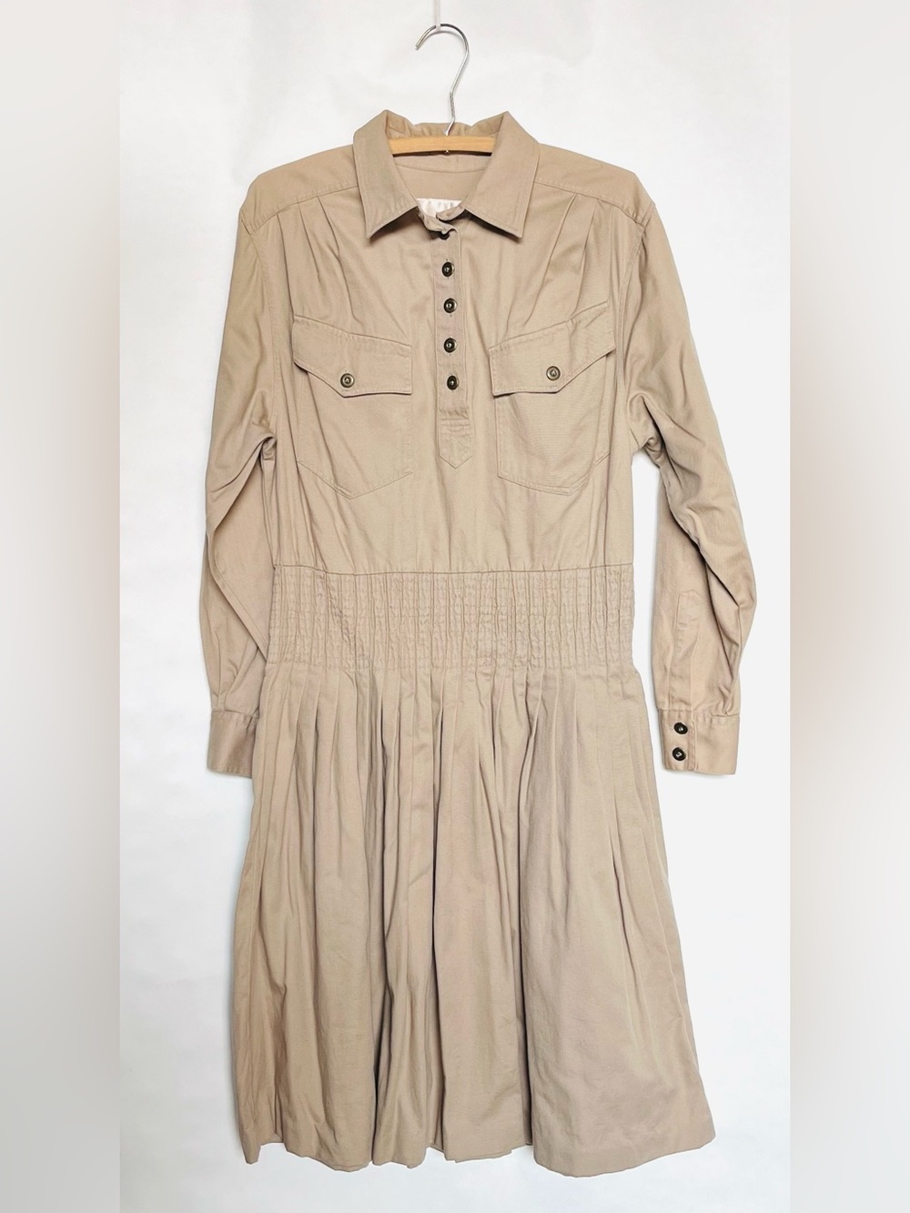 Alain Toussaint Vintage Smocked-Waist Pleated Khaki Camp Shirt Dress Utility